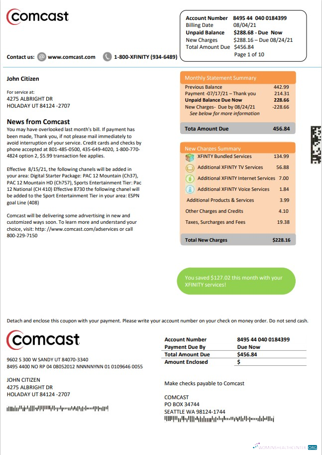download download USA Utah Comcast utility bill template in Word and PDF format version 2 PDF template PDF template